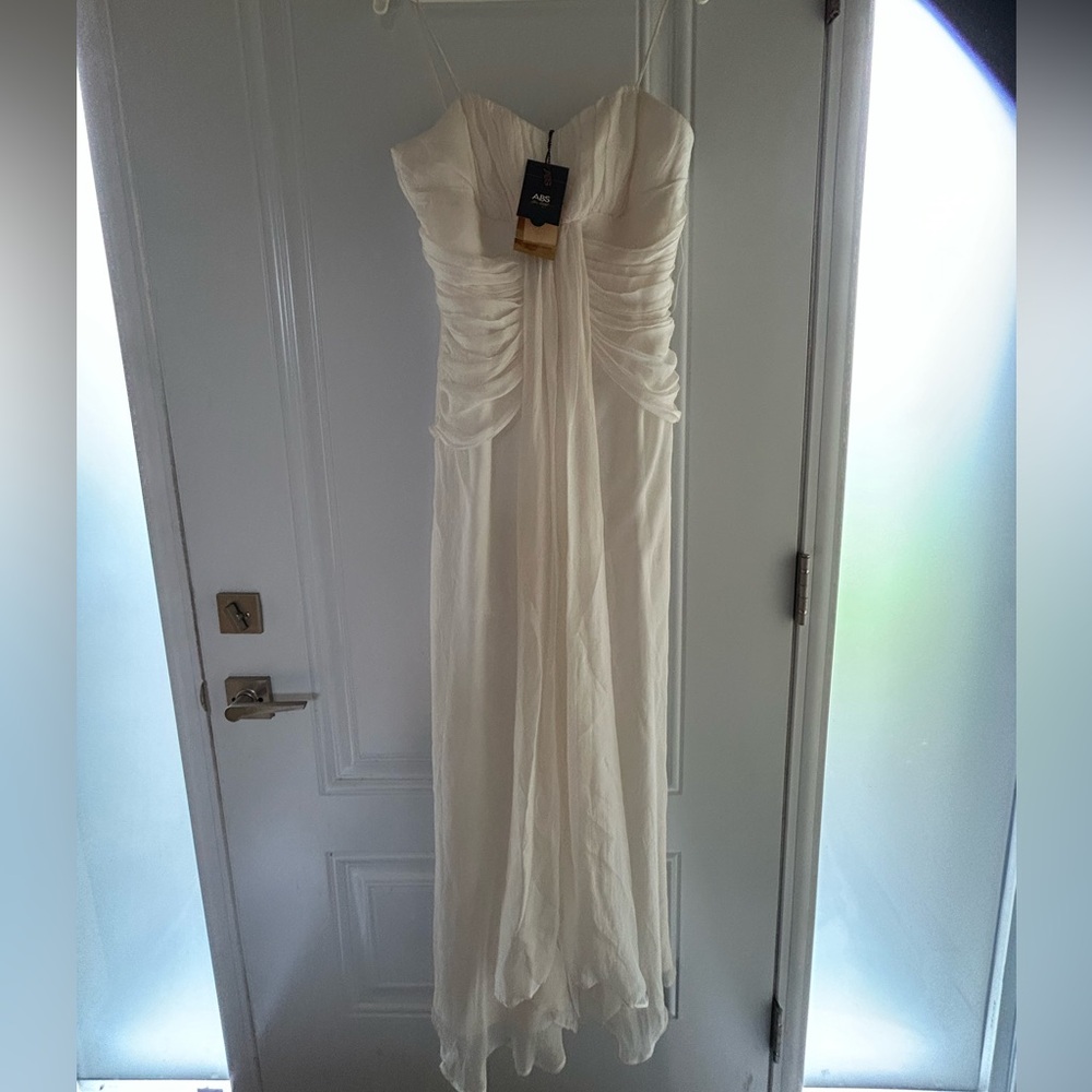 ABS Allen Schwartz Off White Strapless Ruched Gown in Size 12